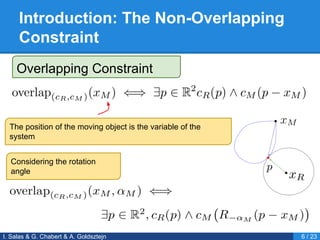 Introduction: The Non-Overlapping
Constraint
I. Salas & G. Chabert & A. Goldsztejn 6 / 23
Overlapping Constraint
The position of the moving object is the variable of the
system
Considering the rotation
angle
 