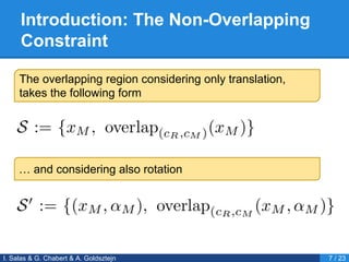 Introduction: The Non-Overlapping
Constraint
I. Salas & G. Chabert & A. Goldsztejn 7 / 23
The overlapping region considering only translation,
takes the following form
… and considering also rotation
 