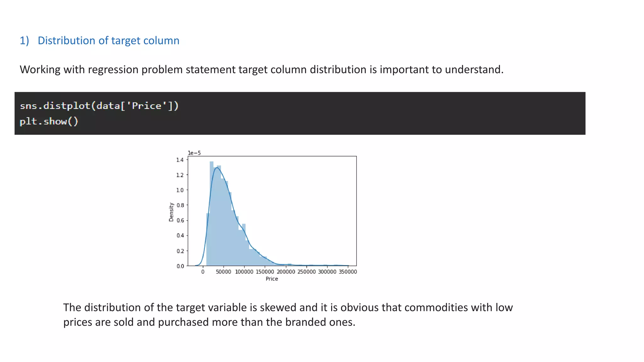 1) Distribution of target column
Working with regression problem statement target column distribution is important to understand.
The distribution of the target variable is skewed and it is obvious that commodities with low
prices are sold and purchased more than the branded ones.
 