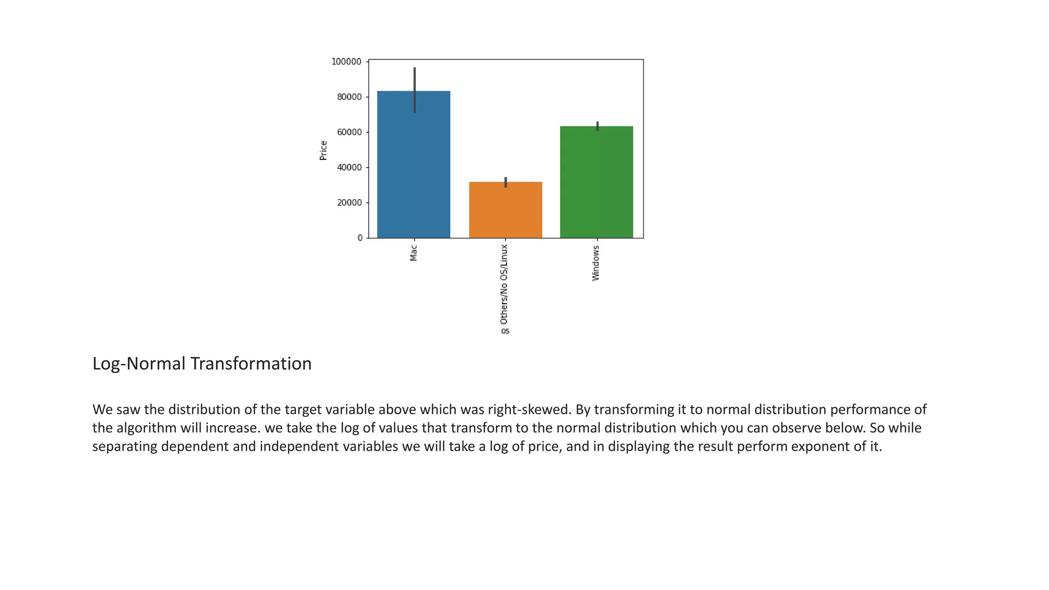 Log-Normal Transformation
We saw the distribution of the target variable above which was right-skewed. By transforming it to normal distribution performance of
the algorithm will increase. we take the log of values that transform to the normal distribution which you can observe below. So while
separating dependent and independent variables we will take a log of price, and in displaying the result perform exponent of it.
 