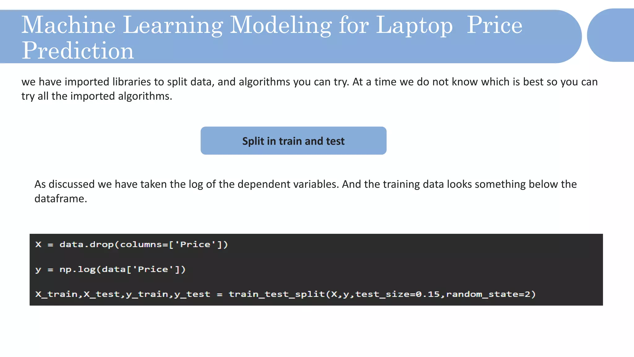 we have imported libraries to split data, and algorithms you can try. At a time we do not know which is best so you can
try all the imported algorithms.
Machine Learning Modeling for Laptop Price
Prediction
Split in train and test
As discussed we have taken the log of the dependent variables. And the training data looks something below the
dataframe.
 