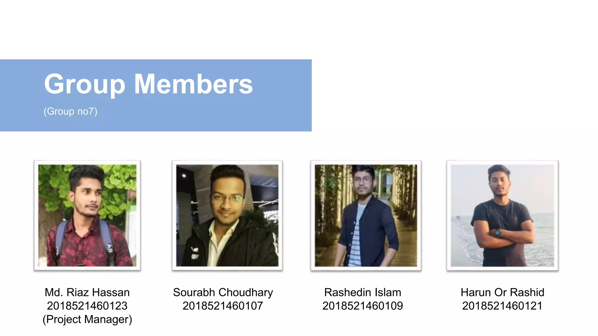 Group Members
(Group no7)
Sourabh Choudhary
2018521460107
Rashedin Islam
2018521460109
Harun Or Rashid
2018521460121
Md. Riaz Hassan
2018521460123
(Project Manager)
 