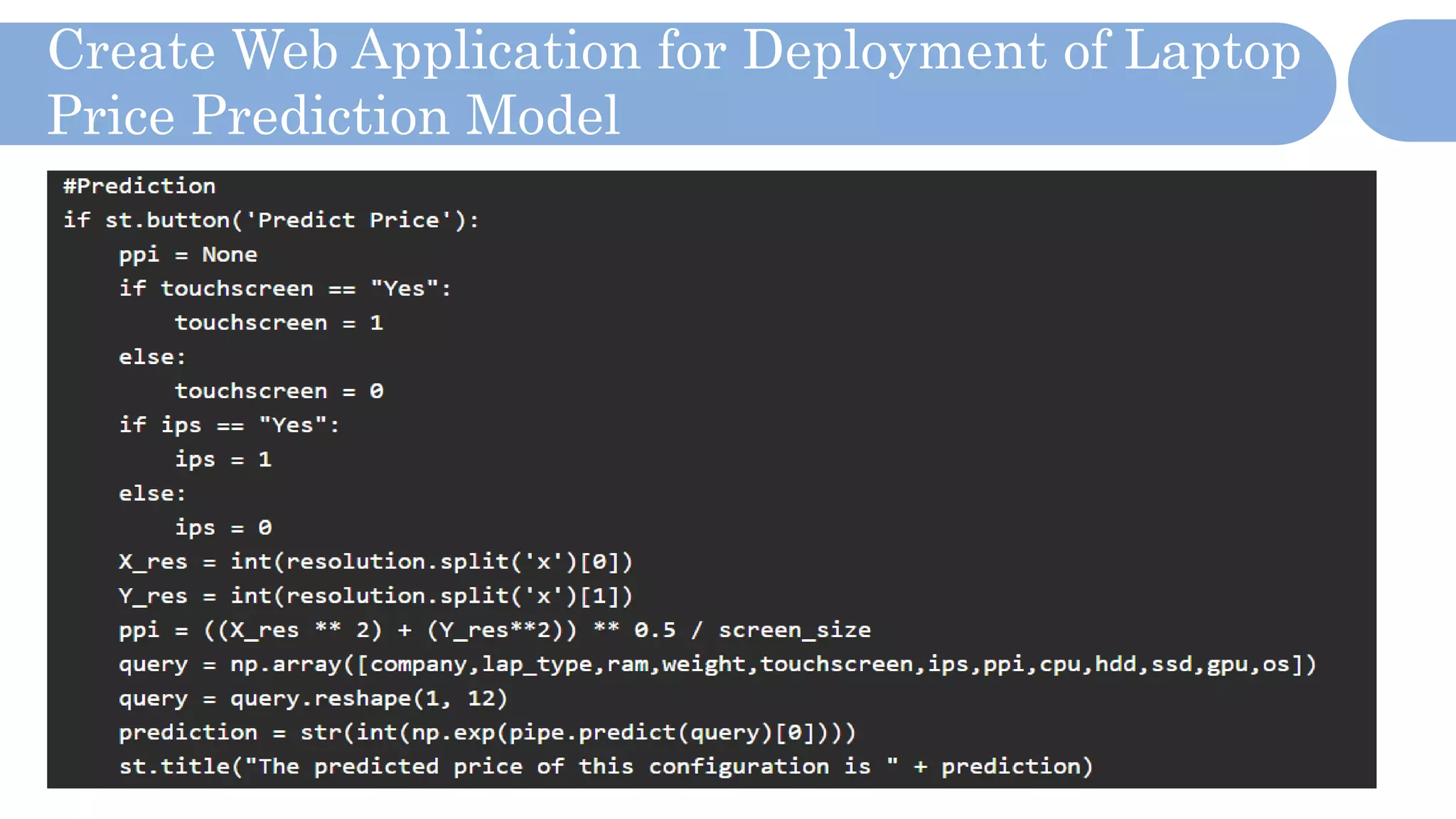Create Web Application for Deployment of Laptop
Price Prediction Model
 