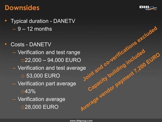 Downsides
• Typical duration - DANETV
– 9 – 12 months
• Costs - DANETV
– Verification and test range
o22,000 – 94,000 EURO
– Verification and test average
o 53,000 EURO
– Verification part average
o43%
– Verification average
o28,000 EURO
 