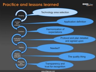 Practice and lessons learned
Scoping
Contact
and
proposal
Contract
Verification
protocol
Testing
Assess-
ment and
verification
Reporting
and
publication
Technology area selection
Application definition
Harmonization of
expectations
Protocol and plan detailed
and agreed upon
Needed?
The quality thing
Transparency and
trust for recognition
 
