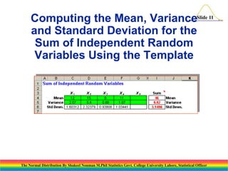 Computing the Mean, VarianceSlide 11
and Standard Deviation for the
Sum of Independent Random
Variables Using the Template

The Normal Distribution By Shakeel Nouman M.Phil Statistics Govt. College University Lahore, Statistical Officer

 