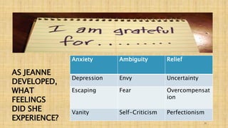 Anxiety Ambiguity Relief 
Depression Envy Uncertainty 
Escaping Fear Overcompensat 
ion 
Vanity Self-Criticism Perfectionism 
11 
AS JEANNE 
DEVELOPED, 
WHAT 
FEELINGS 
DID SHE 
EXPERIENCE? 
 