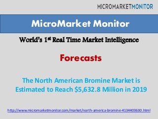 World’s 1st Real Time Market Intelligence
The North American Bromine Market is
Estimated to Reach $5,632.8 Million in 2019
MicroMarket Monitor
Forecasts
http://www.micromarketmonitor.com/market/north-america-bromine-4134403630.html
 