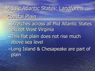 Middle Atlantic States: Landforms Coastal Plain Stretches across all Mid Atlantic States except West Virginia This flat plain does not rise much above sea level Long Island & Chesapeake are part of plain 