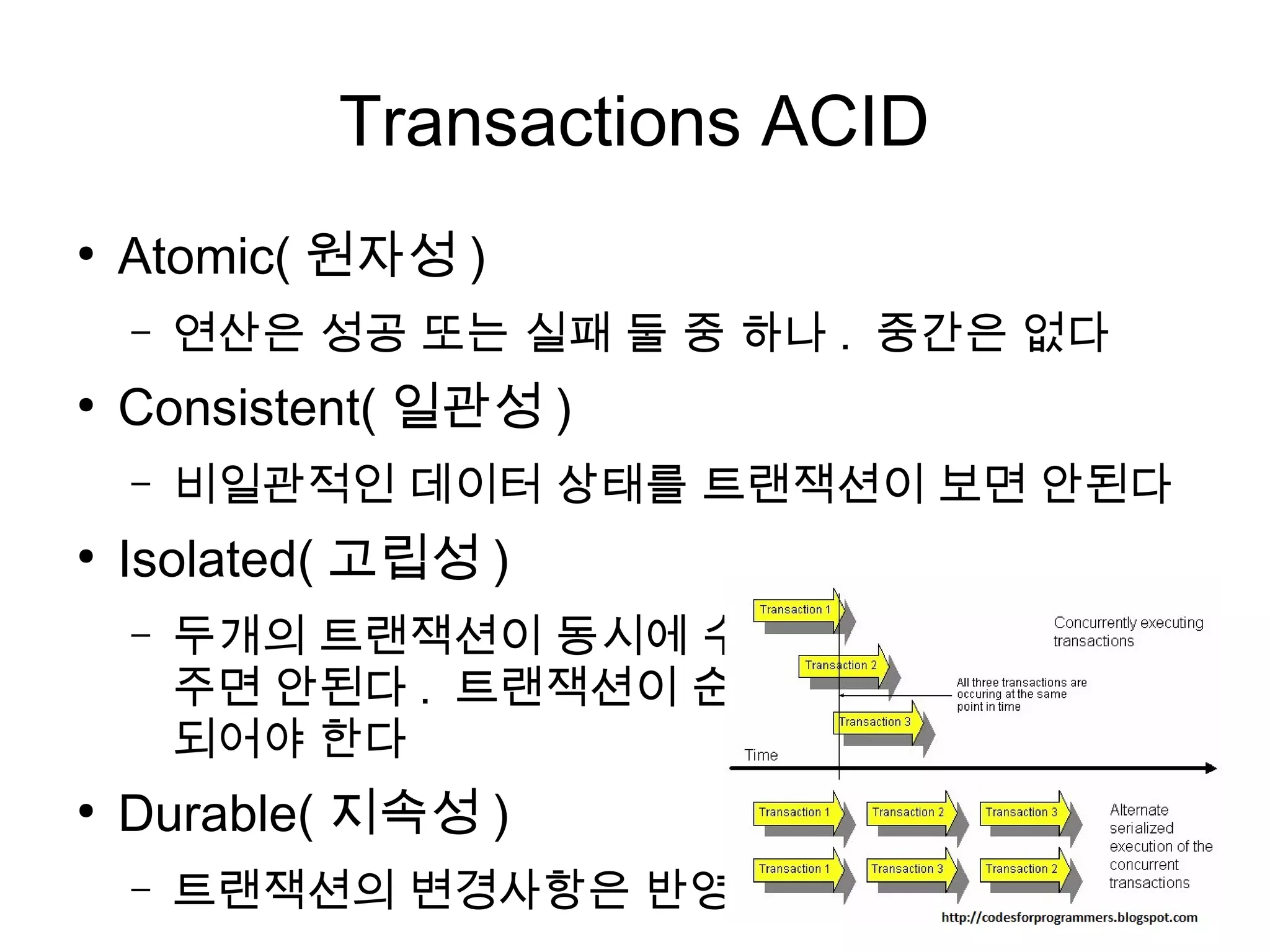 Transactions ACID
●
    Atomic( 원자성 )
    –   연산은 성공 또는 실패 둘 중 하나 . 중간은 없다
●
    Consistent( 일관성 )
    –   비일관적인 데이터 상태를 트랜잭션이 보면 안된다
●
    Isolated( 고립성 )
    –   두개의 트랜잭션이 동시에 수행되어도 서로 연관을
        주면 안된다 . 트랜잭션이 순서대로 수행된것 처럼
        되어야 한다
●
    Durable( 지속성 )
    –   트랜잭션의 변경사항은 반영되어 남아있는다
 