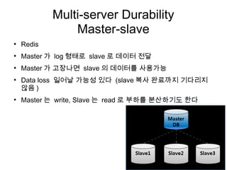 Multi-server Durability
                Master-slave
●
    Redis
●
    Master 가 log 형태로 slave 로 데이터 전달
●
    Master 가 고장나면 slave 의 데이터를 사용가능
●
    Data loss 일어날 가능성 있다 (slave 복사 완료까지 기다리지
    않음 )
●
    Master 는 write, Slave 는 read 로 부하를 분산하기도 한다
 