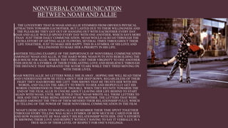 NONVERBAL COMMUNICATION
BETWEEN NOAH AND ALLIE
THE LOVESTORY THAT IS NOAH AND ALLIE STEMMED FROM OBVIOUS PHYSICAL
ATTRACTION TOWARDS EACHOTHER, BUT LASTED DUE TO THEIR WILLINGNESS AND
THE PLEASURE THEY GOT OUT OF HANGING OUT WITH EACHOTHER EVERY DAY .
NOAH AND ALLIE WOULD SPEND EVERY DAY WITH ONE ANOTHER, WHICH SAYS MORE
THAN JUST THEIR DAILY COMMUNICATION. NOAH WOULD ALSO GO THROUGH THE
EXTRA EFFORT OF GIFTING ALLIE FLOWERS, SEVERAL TIMES THROUGHOUT THEIR
LIFE TOGETHER, JUST TO MAKE HER HAPPY. THIS IS A SYMBOL OF HIS LOVE AND
WILLINGNESS TO MAKE HER A PRIORITY IN HIS LIFE.
ANOTHER TELLING EXAMPLE OF THE IMPORTANCE OF NONVERBAL COMMUNICATION
AMONGST NOAH AND ALLIE, IS THE HARD WORK NOAH PUTS INTO REBUILDING THE
OLD HOUSE FOR ALLIE, WHERE THEY FIRST LOST THEIR VIRGINITY TO ONE ANOTHER.
THIS HOUSE IS A SYMBOL OF THEIR EVERLASTING LOVE AND RESILIENCE THROUGH
THE DISTANCE THAT SEPARATED THE M FOR YEARS WHILE THEY TRIED MOVING ON
WITH THEIR LIVES.
NOAH WRITES ALLIE 365 LETTERS WHILE SHE IS AWAY , HOPING SHE WILL READ THEM
AND UNDERSTAND HOW HE FEELS ABOUT HER DEEP DOWN, REGARLDLESS OF THEIR
FIGHT THEY HAD BEFORE SHE LEFT. THIS SHOWS THAT HE TRUSTS HER WITH HIS
WORDS, AND VALUES THE ABILITY TO WRITE TO HER AND HIOPEFULLY GET HIS
WORDS UNDERSTOOD IN TIMES OF TROUBLE. WHEN THEY REUNITE TOWARDS THE
END OF THE FILM, ALLIE IS UNSURE ABOUT LEAVING HER LIFE BEHIND TO START
AGAIN WITH NOAH, UNTIL SHE IS TOLD THAT NOAH WROTE ALL THOSE LETTERS TO
HER AND THEY WERE BEING HIDDEN BY HER MOTHER. THE LETTERS THAT WERE
SHARED AMONGST THE TWO OF THEM MENDED THEIR RELATIONSHIP FULLY, WHICH
IS TELLING OF THE POWER OF THEIR NONVERBAL COMMUNICATION IN THE FILM.
NOAH’S DEDICATION TO MAKING ALLIE REMEMBER THEIR TIME SPENT TOGETHER
THROUGH STORY TELLING WAS ALSO A SYMBOL OF HOW MUCH HE CARED FOR HER
AND HOW PASSIONATE HE WAS ABOUT HIS RELATIONSHIP WITH HER. ONE’S EFFORTS
IN SHOWING THEIR LOVE AND RESPECT WITHOUT HAVING TO SAY IT VERBALLY, IS A
TRUE SIGN OF THEIR LEVEL OF RESPECT FOR ONE’S FEELINGS.
 