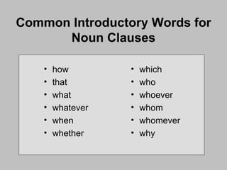 Common Introductory Words for Noun Clauses how that what whatever when whether which who whoever whom whomever why