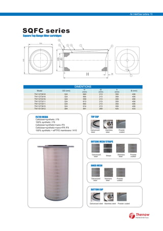 SQFC series
Square Top flange filter cartridges
OD
ID
H
DIMENTIONS
Model OD (mm)
H
(mm)
ID
(mm)
A
(mm)
B (mm)
TN11272616 324 660 213 359 406
TN11273416 324 864 213 359 406
TN11272216 324 559 213 359 406
TN11273211 324 813 213 359 406
TN11273411 324 864 213 359 406
TN11273615 324 914 213 359 406
TN11513912 384 991 269 425 533
FILTER MEDIA
Cellulose+synthetic / F9
100% synthetic / F9
Cellulose+synthetic+nano /F9
Cellulose+synthetic+nano+FR /F9
100% synthetic + ePTFE membrane / H10
OUTSIDE MESH/STRAPS
Galvanized
steel Straps Stainless
steel
Powder
coated
BOTTOM CAP
Galvanized steel Stainless steel Powder coated
INNER MESH
Galvanized
steel
Stainless
steel
Powder
coated
TOP CAP
Galvanized
steel
Air Inlet/Gas turbine 15
FilterWorld We Focus
Stainless
steel
Powder
coated
 