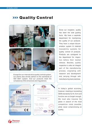 Quality Control
Except for our internal strict quality control system,
our plants also strictly adhere to the standards of
ISO 9001 system. And our products meet the
compliance of EU directives and regulations.
In today’s global economy,
however, meeting or exceeding
OEM standards for fit, form and
function are no longer enough.
We must also traverse the
globe in search of the most
competitive costs possible,
while never compromising on
quality.
Since our inception, quality
has been the sole guiding
force. We have a separate
department for maintaining
the quality of our products.
They have a unique docum-
entation system & material
traceability systems for
quality control of products.
Products are consigned to
the department for inspec-
tion before their market
release. Besides, quality
inspection is also an integral
part of the manufacturing
process, originating with
research and development
and carrying through with
manufacturing best practices.
FilterWorld We Focus
26 Quality control
 