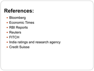 References:
 Bloomberg
 Economic Times
 RBI Reports
 Reuters
 FITCH
 India ratings and research agency
 Credit Suisse
 
