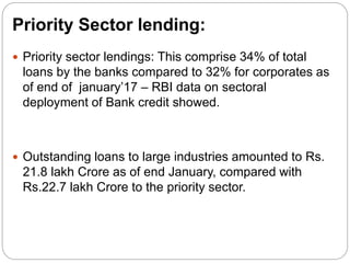 Priority Sector lending:
 Priority sector lendings: This comprise 34% of total
loans by the banks compared to 32% for corporates as
of end of january’17 – RBI data on sectoral
deployment of Bank credit showed.
 Outstanding loans to large industries amounted to Rs.
21.8 lakh Crore as of end January, compared with
Rs.22.7 lakh Crore to the priority sector.
 