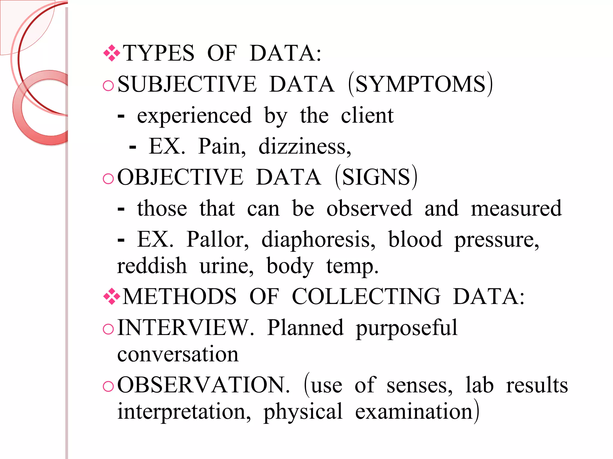 TYPES OF DATA: SUBJECTIVE DATA (SYMPTOMS) - experienced by the client - EX. Pain, dizziness,  OBJECTIVE DATA (SIGNS) - those that can be observed and measured - EX. Pallor, diaphoresis, blood pressure, reddish urine, body temp. METHODS OF COLLECTING DATA: INTERVIEW. Planned purposeful conversation OBSERVATION. (use of senses, lab results interpretation, physical examination) 