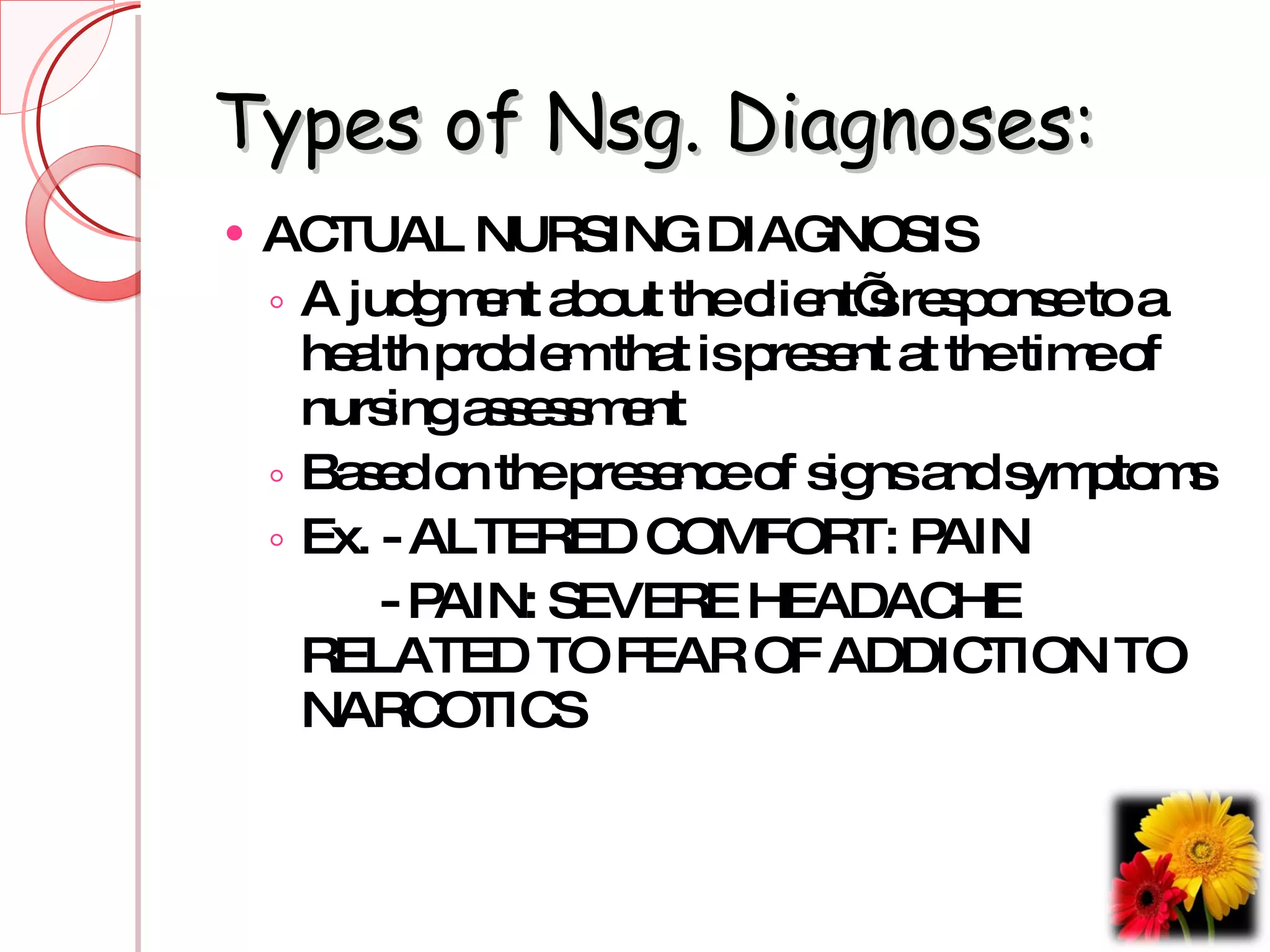Types of Nsg. Diagnoses: ACTUAL NURSING DIAGNOSIS A judgment about the client’s response to a health problem that is present at the time of nursing assessment Based on the presence of signs and symptoms Ex. - ALTERED COMFORT: PAIN  - PAIN: SEVERE HEADACHE RELATED TO FEAR OF ADDICTION TO NARCOTICS   