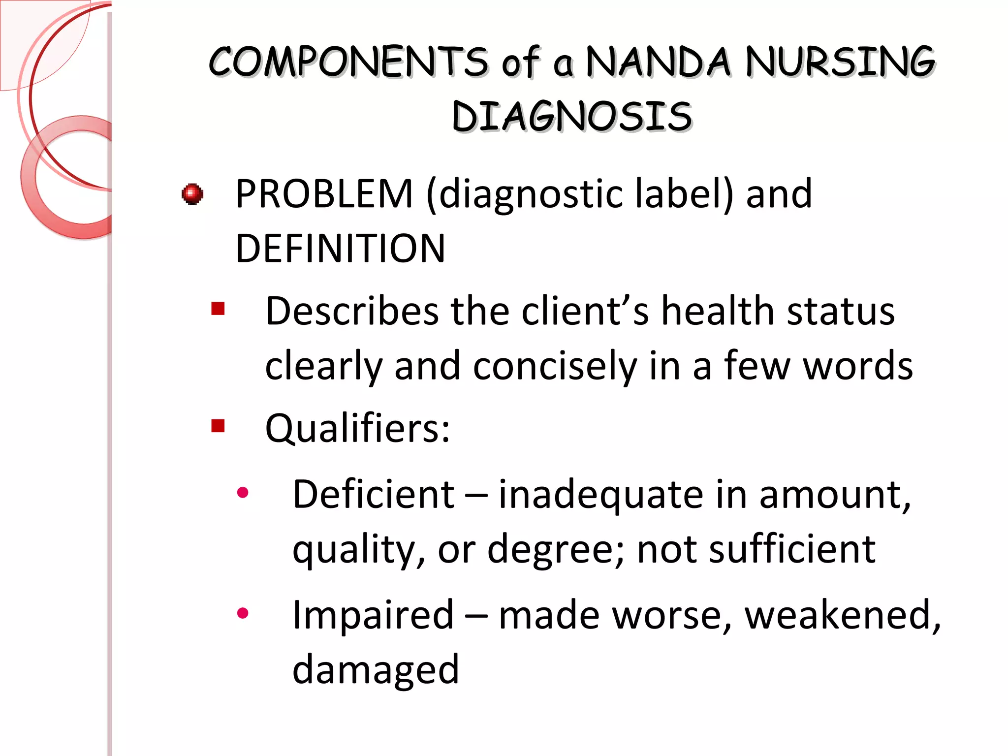 COMPONENTS of a NANDA NURSING DIAGNOSIS PROBLEM (diagnostic label) and DEFINITION Describes the client’s health status clearly and concisely in a few words Qualifiers: Deficient – inadequate in amount, quality, or degree; not sufficient Impaired – made worse, weakened, damaged 