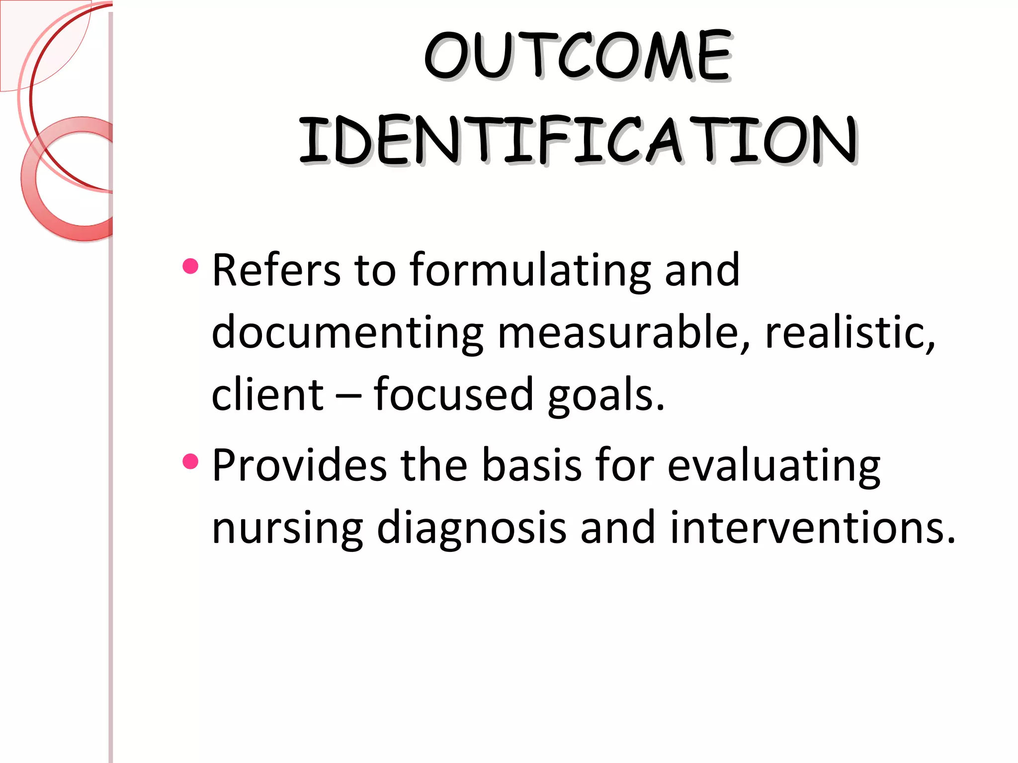OUTCOME IDENTIFICATION Refers to formulating and documenting measurable, realistic, client – focused goals. Provides the basis for evaluating nursing diagnosis and interventions. 