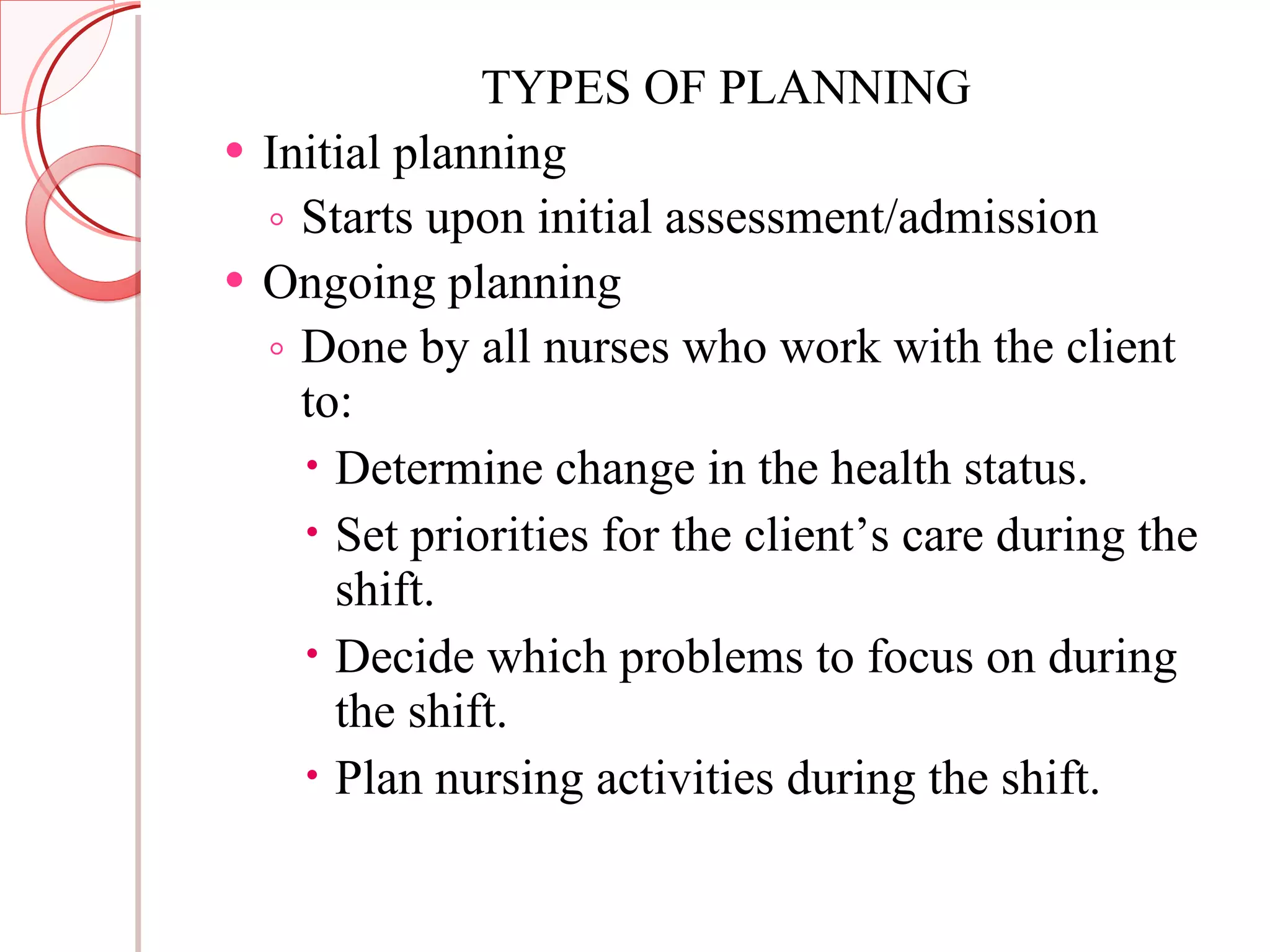 TYPES OF PLANNING Initial planning Starts upon initial assessment/admission Ongoing planning Done by all nurses who work with the client to: Determine change in the health status. Set priorities for the client’s care during the shift. Decide which problems to focus on during the shift. Plan nursing activities during the shift. 