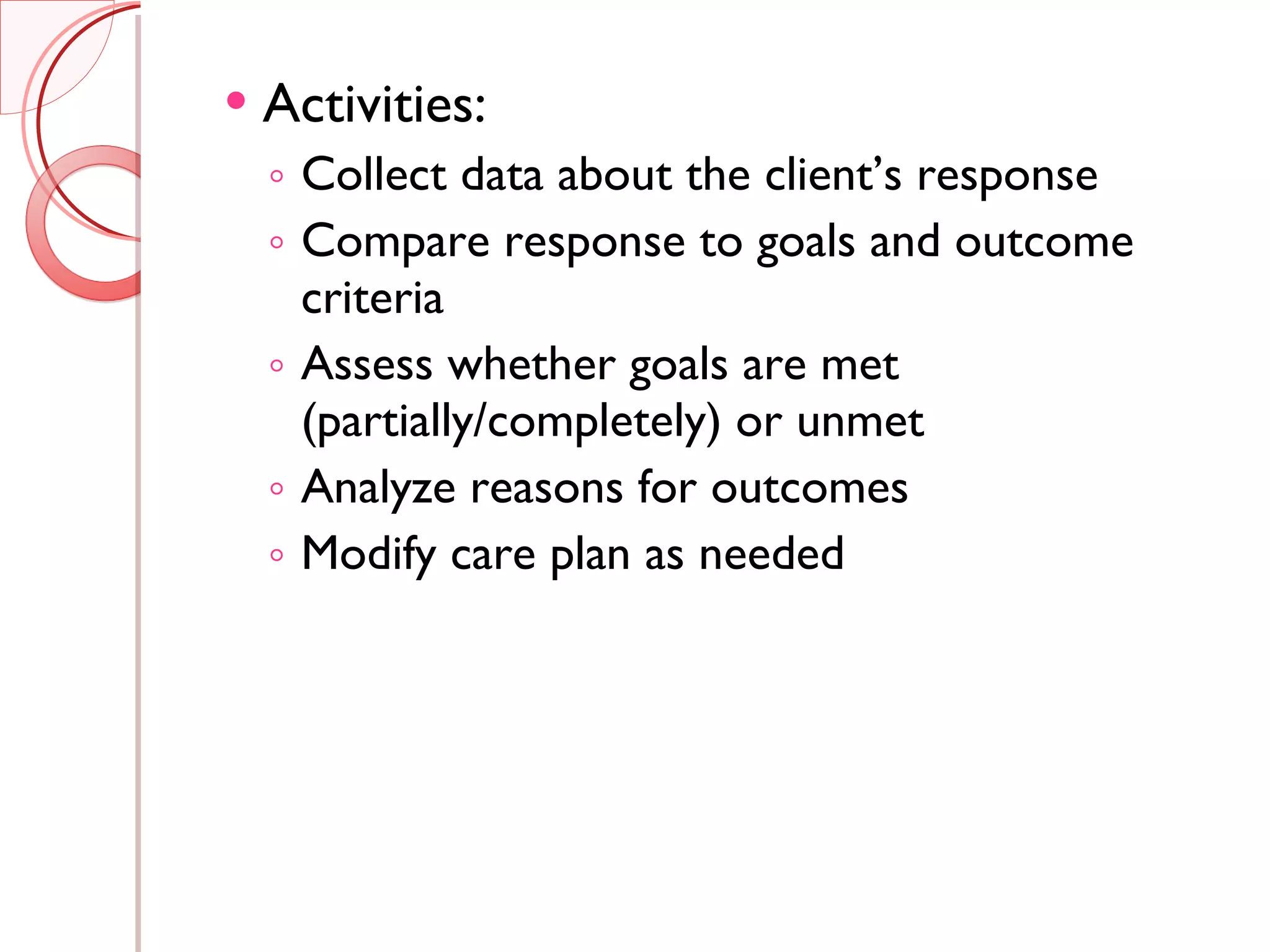 Activities: Collect data about the client’s response Compare response to goals and outcome criteria Assess whether goals are met (partially/completely) or unmet Analyze reasons for outcomes Modify care plan as needed 