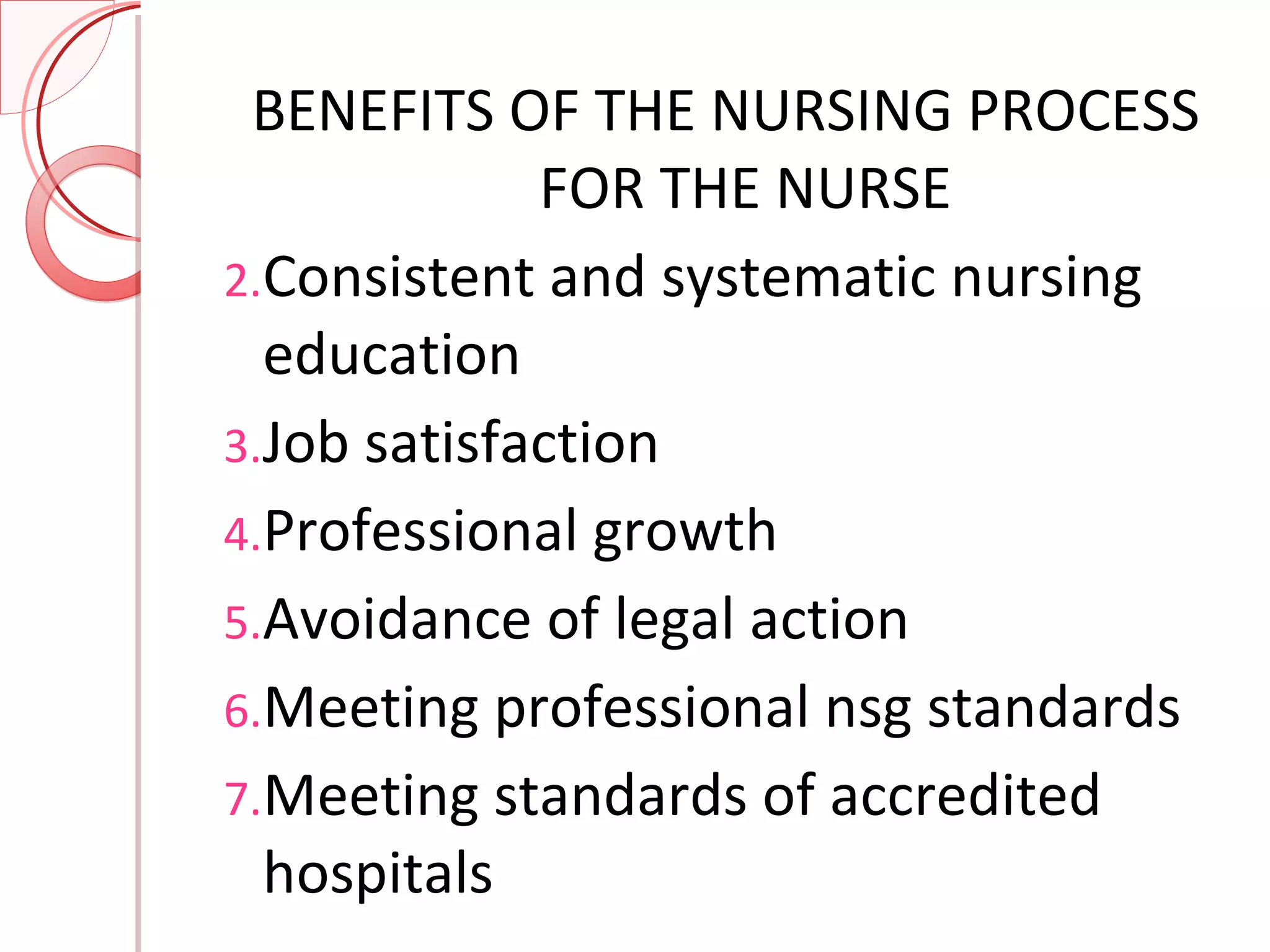 BENEFITS OF THE NURSING PROCESS FOR THE NURSE Consistent and systematic nursing education Job satisfaction Professional growth Avoidance of legal action Meeting professional nsg standards Meeting standards of accredited hospitals 