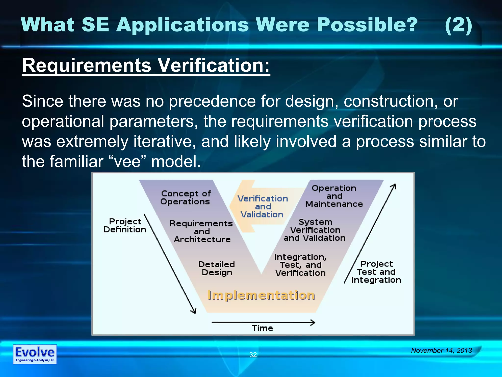 What SE Applications Were Possible? (2)
November 14, 2013
32
Requirements Verification:
Since there was no precedence for design, construction, or
operational parameters, the requirements verification process
was extremely iterative, and likely involved a process similar to
the familiar “vee” model.
 