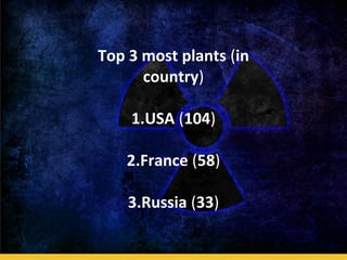 Top 3 most plants (in
country)
1.USA (104)
2.France (58)
3.Russia (33)
 