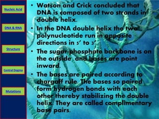 Nucleic Acid 
DNA & RNA 
Structure 
Central Dogma 
Mutations 
• Watson and Crick concluded that 
DNA is composed of two strands in 
double helix. 
• In the DNA double helix the two 
polynucleotide run in opposite 
directions in 5’ to 3’. 
• The sugar-phosphate backbone is on 
the outside and bases are point 
inward. 
• The bases are paired according to 
chargaff rule. The bases so paired 
form hydrogen bonds with each 
other thereby stabilizing the double 
helix. They are called complimentary 
base pairs. 
 
