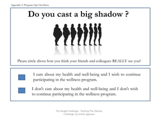 Appendix 2: Program Opt Out Sheet.
Do you cast a big shadow ?
Please circle above how you think your friends and colleagues REALLY see you?
I care about my health and well-being and I wish to continue
participating in the wellness program.
I don't care about my health and well-being and I don't wish
to continue participating in the wellness program.
The Nudge Challenge - Tackling The Obesity
Challenge, by Ankita Agarwal
