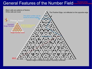 General Features of the Number Field                                                                 The Habit of the
                                                                                                 Conservation of Information



 - Black cells are patterns of factors
 - White cells are novel                                         The Positive Edge, not reflected on the opposite edge

                            The same number can be
                            found at various angles
                                                15
         Primary Axes?
      Repeated          Single Number count
Single Numbers          (1 out of phase?)


         Single Number count




           85/2
                                 Bottom edge is infinite as long as 'counting' continues
 