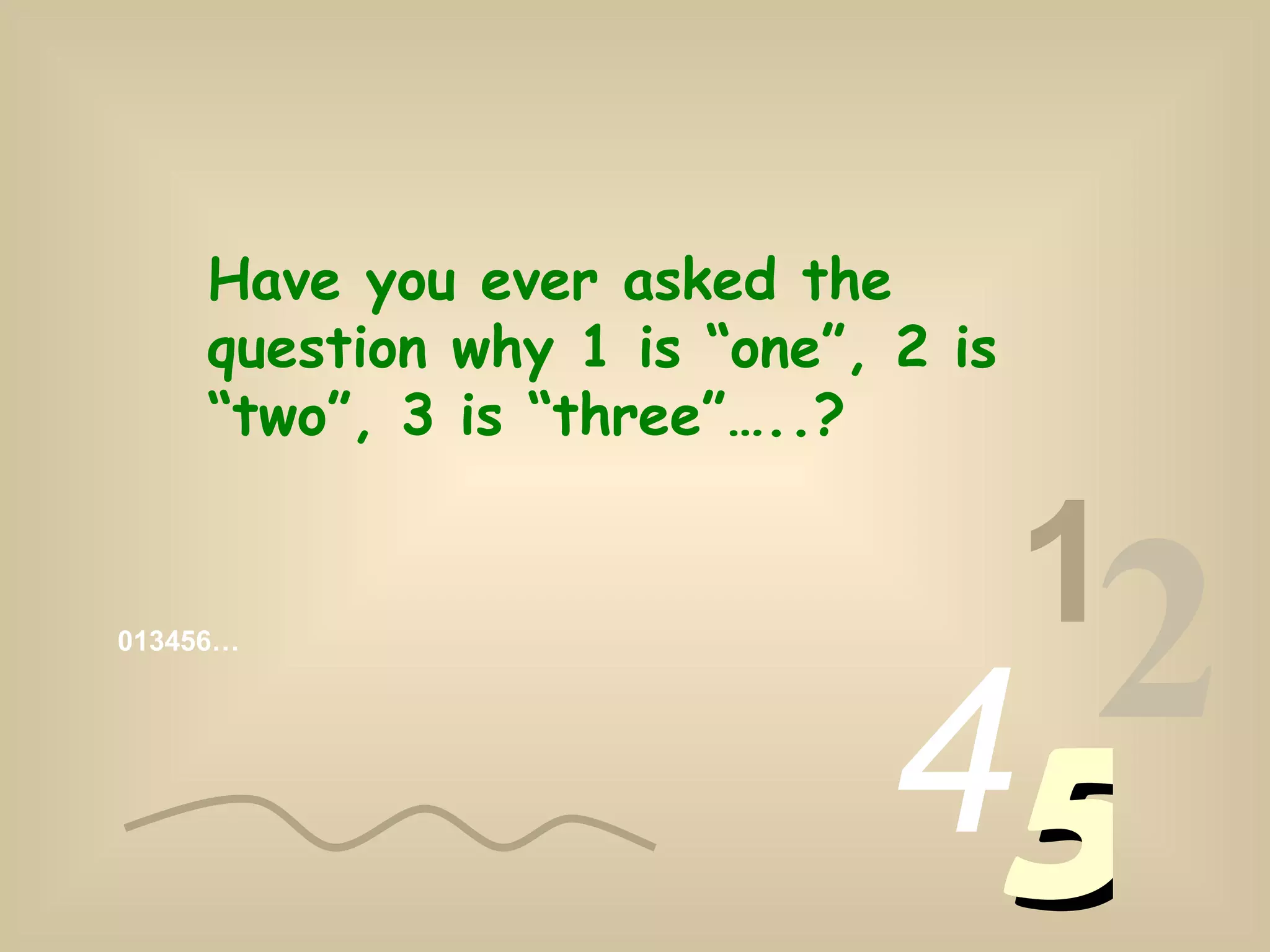 013456… 1 2 4 5 Have you ever asked the question why 1 is “one”, 2 is “two”, 3 is “three”…..?