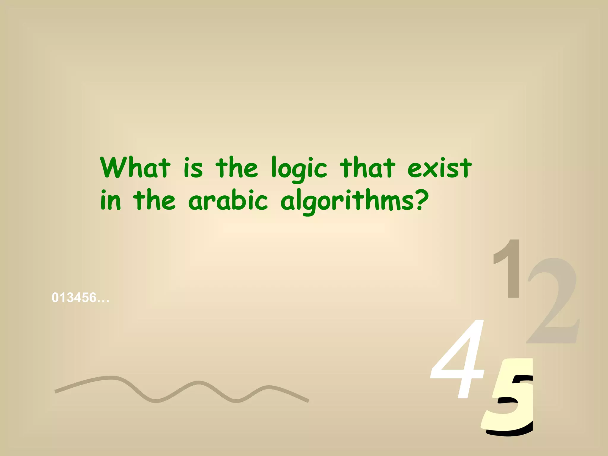 013456… 1 2 4 5 What is the logic that exist in the arabic algorithms?