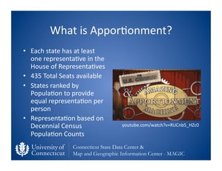 What	
  is	
  Appor0onment?	
  
•  Each	
  state	
  has	
  at	
  least	
  
   one	
  representa0ve	
  in	
  the	
  
   House	
  of	
  Representa0ves	
  
•  435	
  Total	
  Seats	
  available	
  
•  States	
  ranked	
  by	
  
   Popula0on	
  to	
  provide	
  
   equal	
  representa0on	
  per	
  
   person	
  
•  Representa0on	
  based	
  on	
  
   Decennial	
  Census	
                     youtube.com/watch?v=RUCnb5_HZc0	
  
   Popula0on	
  Counts	
  
                        Connecticut State Data Center &
                        Map and Geographic Information Center - MAGIC
 