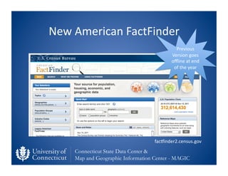 New	
  American	
  FactFinder	
  
                                               Previous	
  
                                             Version	
  goes	
  
                                             oﬄine	
  at	
  end	
  
                                              of	
  the	
  year	
  




                                     facvinder2.census.gov	
  
      Connecticut State Data Center &
      Map and Geographic Information Center - MAGIC
 