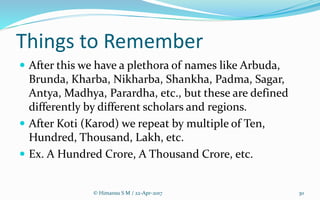 Things to Remember
 After this we have a plethora of names like Arbuda,
Brunda, Kharba, Nikharba, Shankha, Padma, Sagar,
Antya, Madhya, Parardha, etc., but these are defined
differently by different scholars and regions.
 After Koti (Karod) we repeat by multiple of Ten,
Hundred, Thousand, Lakh, etc.
 Ex. A Hundred Crore, A Thousand Crore, etc.
© Himansu S M / 22-Apr-2017 30
 