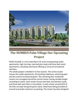 The NUMBUS Palm Village Our Upcoming 
               Project 
PALM VILLAGE is a mini township in 25 acres incorporating studio 
apartments, high rise (two, two bed plus study and three bed room) 
apartments, a bustling club house offering an array of recreational 
activities. 
The whole project is divided in to five clusters .The centre cluster 
houses the studio apartments, the bustling clubhouse, swimming pool 
and the central recreational green. The remaining four residential 
clusters are arranged around the central cluster having variable height 
according to vaastu. Each cluster houses two bed, two bed plus study 
and three bed room flats in nine blocks. In each cluster around 65% of 
the flats are kept facing the green lawns. Road have being provided all 
around to provide maximum car parking. The cluster has been designed 
 