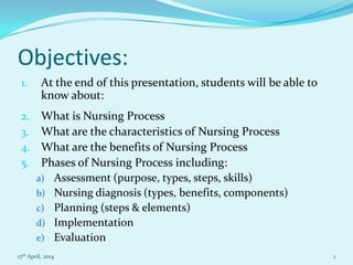 Objectives:
1. At the end of this presentation, students will be able to
know about:
2. What is Nursing Process
3. What are the characteristics of Nursing Process
4. What are the benefits of Nursing Process
5. Phases of Nursing Process including:
a) Assessment (purpose, types, steps, skills)
b) Nursing diagnosis (types, benefits, components)
c) Planning (steps & elements)
d) Implementation
e) Evaluation
17th April, 2014 1
 