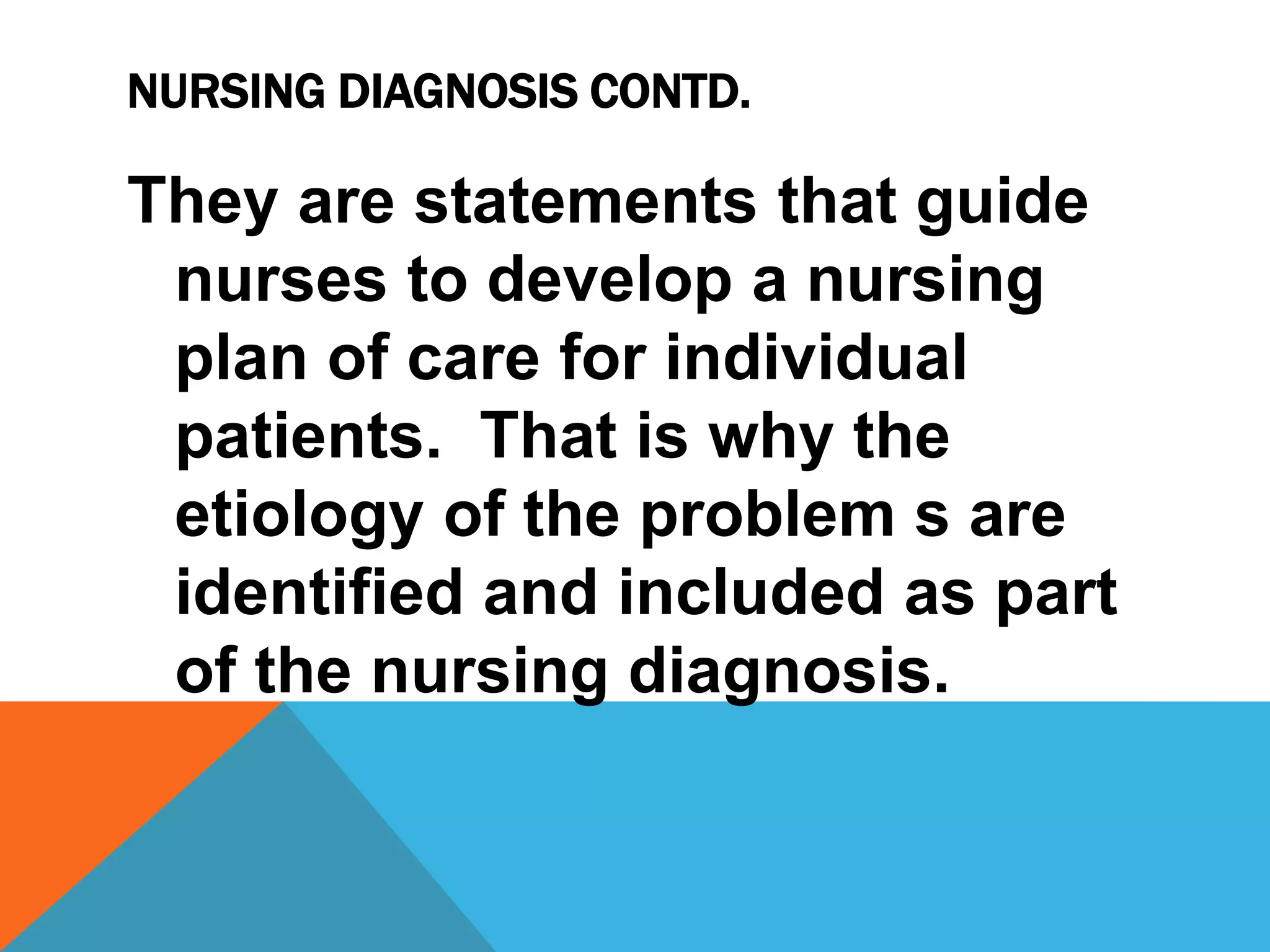 NURSING DIAGNOSIS CONTD.
They are statements that guide
nurses to develop a nursing
plan of care for individual
patients. That is why the
etiology of the problem s are
identified and included as part
of the nursing diagnosis.
 