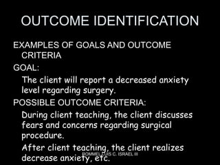 ROMMEL LUIS C. ISRAEL III
OUTCOME IDENTIFICATION
EXAMPLES OF GOALS AND OUTCOME
CRITERIA
GOAL:
The client will report a dec...