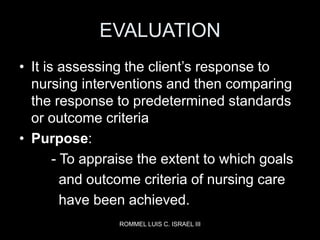 ROMMEL LUIS C. ISRAEL III
EVALUATION
• It is assessing the client’s response to
nursing interventions and then comparing
t...