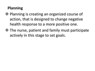 Planning
 Planning is creating an organized course of
action, that is designed to change negative
health response to a more positive one.
 The nurse, patient and family must participate
actively in this stage to set goals.
 