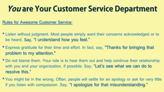 You are Your Customer Service Department
Rules for Awesome Customer Service:
•Listen without judgment. Most people simply want their concerns acknowledged or to
be heard. Say, “I understand how you feel.”
•Express gratitude for their time and effort. In fact, say, "Thanks for bringing that
problem to my attention."
•Do not blame them. Your role is to hear them out and help continue their relationship
with you and your organization, if possible. Say, “Let’s see what we can do to
resolve this.”
•You might be in the wrong. Often, people will settle for an apology or ask for very little
if you listen with compassion. Say, “I apologize for that misunderstanding.”
 