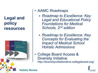 Holistic Review
Legal and
policy
resources
• AAMC Roadmaps
 Roadmap to Excellence: Key
Legal and Educational Policy
Foundations for Medical
Schools, 2nd edition
 Roadmap to Excellence: Key
Concepts for Evaluating the
Impact of Medical School
Holistic Admissions
• College Board Access &
Diversity Initiative
http://diversitycollaborative.collegeboard.org/
 