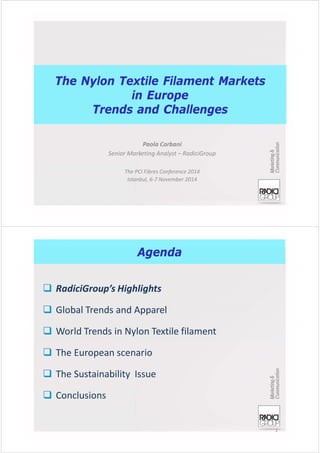 The Nylon Textile Filament Markets 
in Europe 
Trends and Challenges 
Paola Corbani 
Senior Marketing Analyst – RadiciGroup 
The PCI Fibres Conference 2014 
Istanbul, 6-7 November 2014 
 