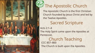 The Apostolic Church
The Apostolic Church is the first Christian
Church founded by Jesus Christ and led by
the Twelve Apostles.
Sacred Scripture
Acts 2:1–4
The Holy Spirit came upon the Apostles at
Pentecost.
Church Teaching
CCC 857–860
The Church is built upon the Apostles.
 