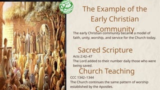The Example of the
Early Christian
Community
The early Christian community became a model of
faith, unity, worship, and service for the Church today.
Sacred Scripture
Acts 2:42–47
The Lord added to their number daily those who were
being saved.
Church Teaching
CCC 1342–1344
The Church continues the same pattern of worship
established by the Apostles.
 
