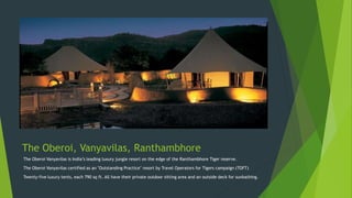 The Oberoi, Vanyavilas, Ranthambhore
The Oberoi Vanyavilas is India’s leading luxury jungle resort on the edge of the Ranthambhore Tiger reserve.
The Oberoi Vanyavilas certified as an "Outstanding Practice" resort by Travel Operators for Tigers campaign (TOFT)
Twenty-five luxury tents, each 790 sq ft. All have their private outdoor sitting area and an outside deck for sunbathing.
 